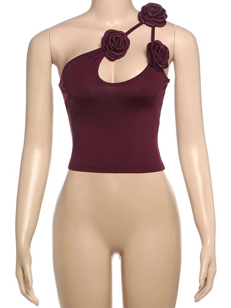 Nibber 3d flor topos feminino sem costas baixo pescoço fino ombro inclinado tendência de verão meia-noite sexy versátil simples roupas clássicas