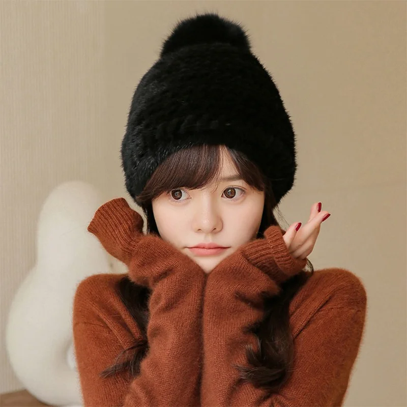 

Mink Knitted Hat Winter New Korean Version Fluffy Fox Hair Warm Ear Protection Hat Large Elastic Fashion Women's Russian Ear Cap