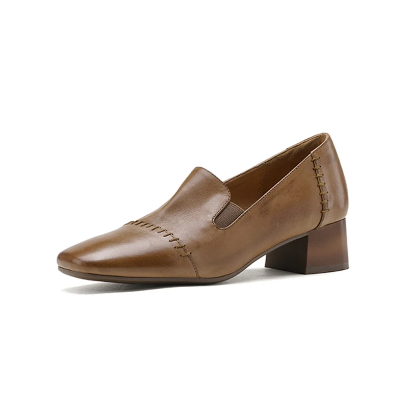 Heels Loafers Women Calfskin Leather Square Toe Slip On Chunky Sole Female Lolita Shoes Handmade