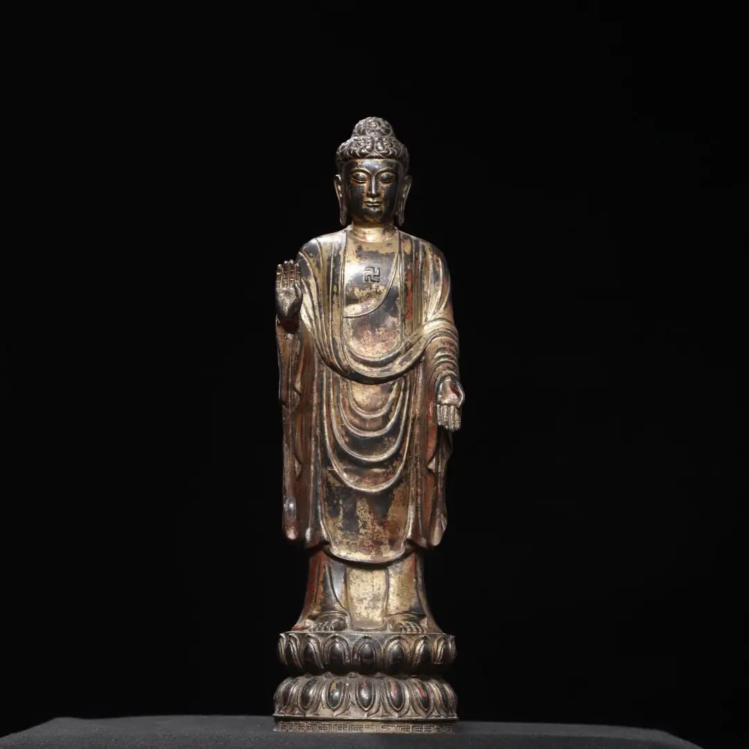 Standing Shakyamuni Buddha Statue Pure Copper Gold Rubbed Vintage Home Altar Decoration Figurine
