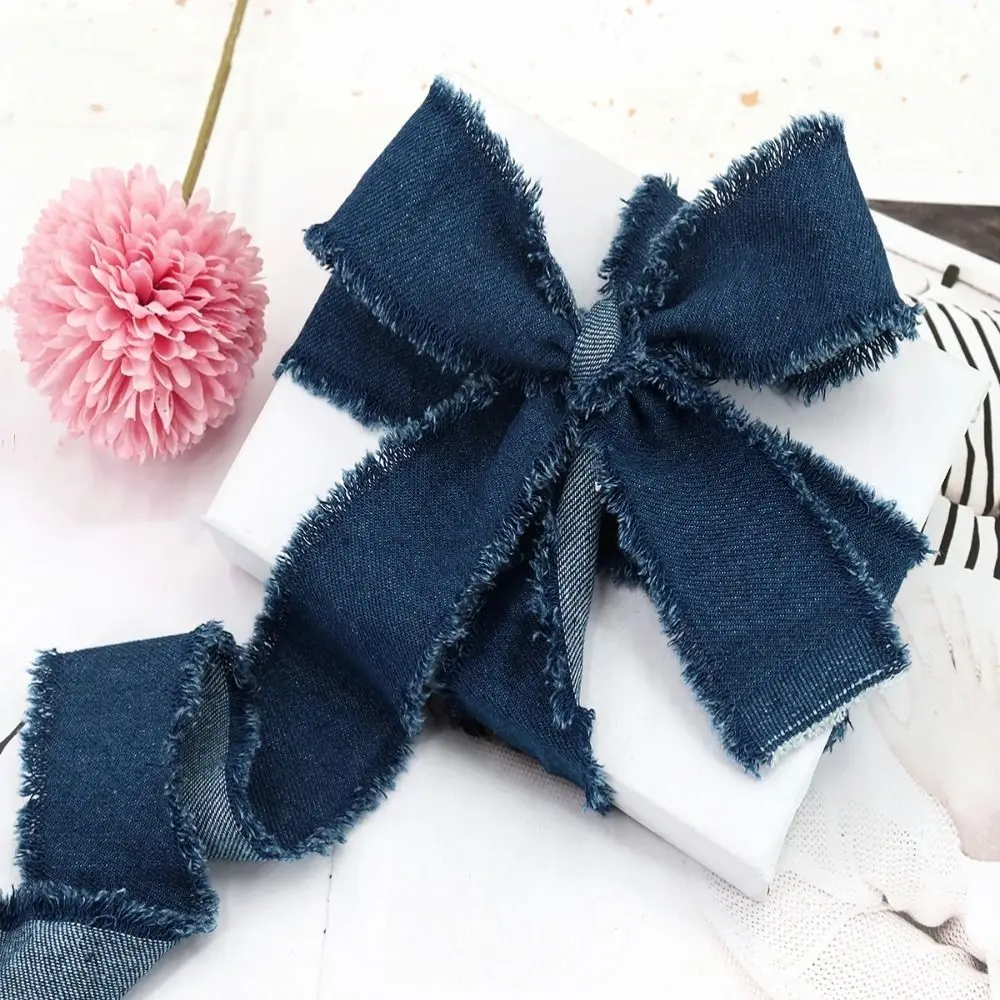 1.5Yards Denim Ribbon Blue Cowboy Solid Color Jeans Cloth Fabric Hairclip Bows Handmade Fringe Silk Ribbon Gift Wrapping