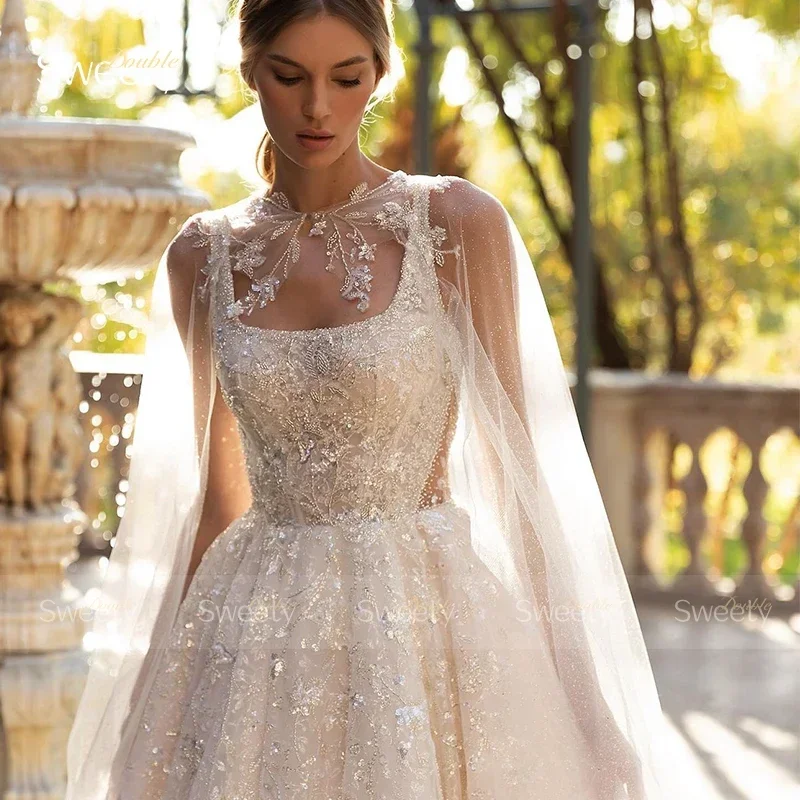 Elegant Wedding Dress Embroidered Lace On Net With Sequins Ball Gown A-Line Square Collar Sleeveless Prom Dresses Button Robe De