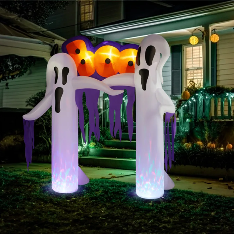 9 Ft witte spookboog met 3 LED-verlichting en 2 kleurrijke lichtpanelen Halloween opblaasbare decoratie