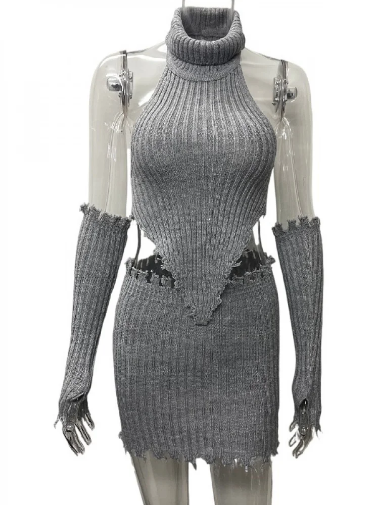 

Сексуальный комплект из топа и юбки для женщин, модный осенне-зимний наряд, ремень через плечо, полиэстер