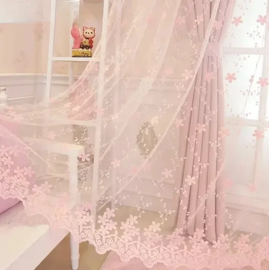 European and American Style Light Luxury Pink Embroidery Sweet Embroidery Curtains Living Room Bedroom Balcony Blackout Curtains