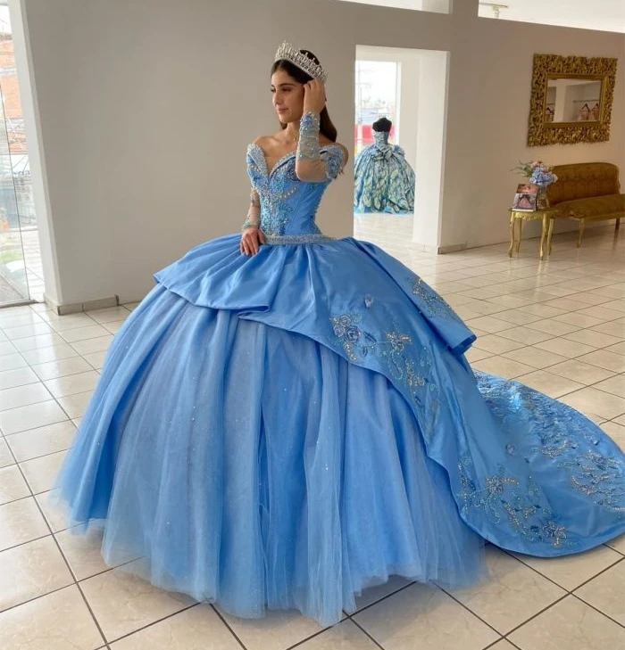 

Sky Blue Princess Quinceanera Dresses Ball Gown Long Sleeves Tulle Appliques Pearls Sweet 16 Dresses 15 Años Mexican