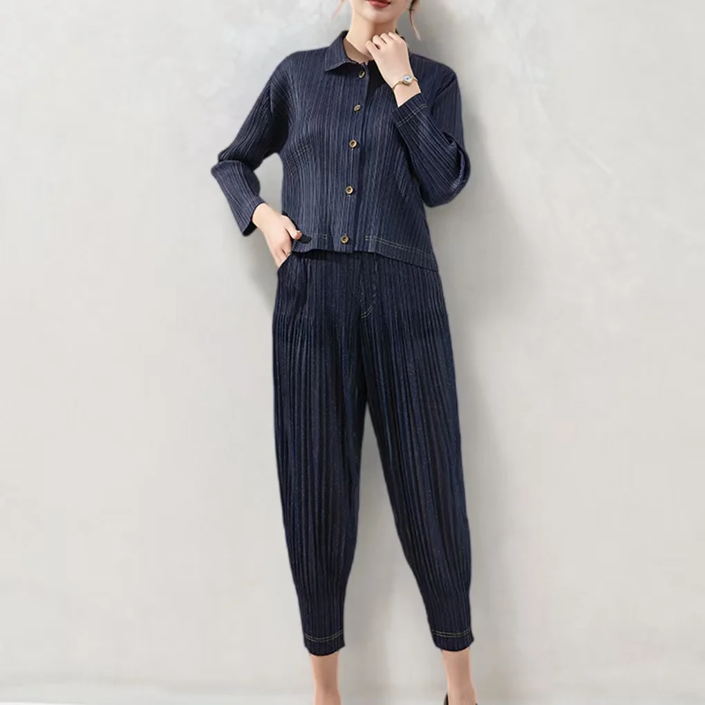 Jeans set women's fashion casual 2024 new top women's pleated trousers Harlan trousers two-piece set