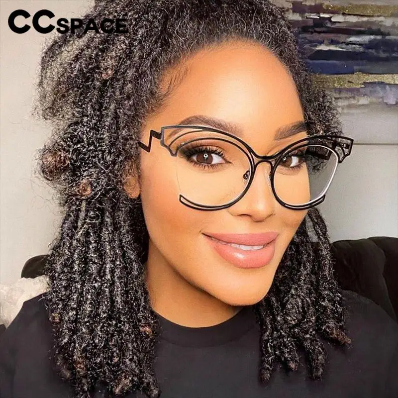 56755 New Half-Frame Hollow Out Optical Spectacle Frame Women Fashion Cat Eye Metal Flat Mirror Clear Curl Legs Eyewear