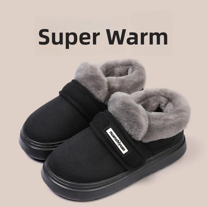 

Qidann Men's Cotton Slippers Fleece Lined Thick Bottom Anti-slip Winter Warm Shoes Vintage Style round Toe Low Heel EVA Sole