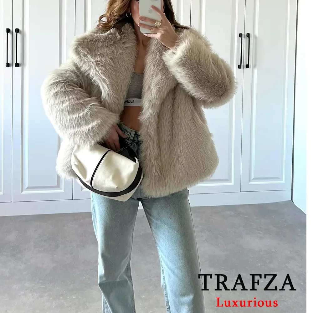 TRAFZA Solid Claret Faux Fur Jackets Women Coats Thick Warm Soft Cropped Jakcets Vintage 2025 Long Sleeve Winter Coat Outwears