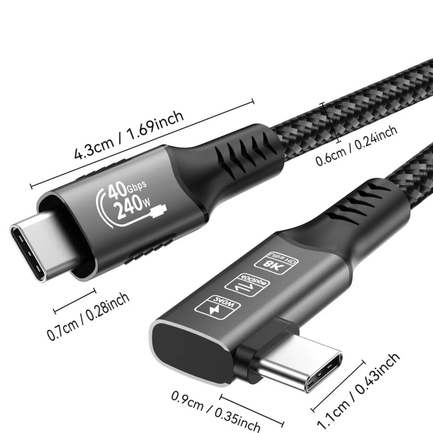 8K@60Hz USB4 Winkelkabel mit Thunderbolt 4 240W Ladefunktion, 40 Gbps Datenübertragung HDR, USB-C zu USB-C Kabel, 90 Grad für MacBook Mac SSD – Detail 2