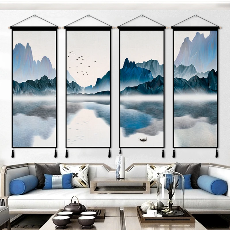 

New Chinese Zen Ink Landscape Tapestry Wall Hanging Quadriptych Canvas Fabric for Living Room Sofa Background Room Decoration