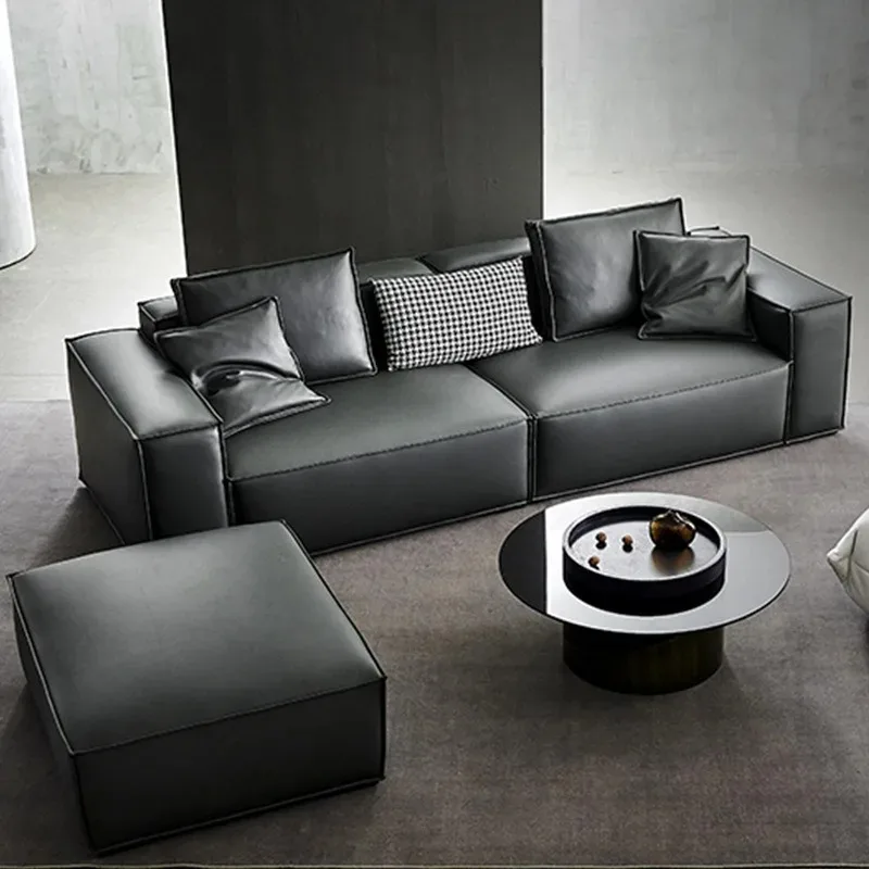 Tofu block leather sofa small apartment living room Italian minimalist straight row three or four people first layer cowhide sof