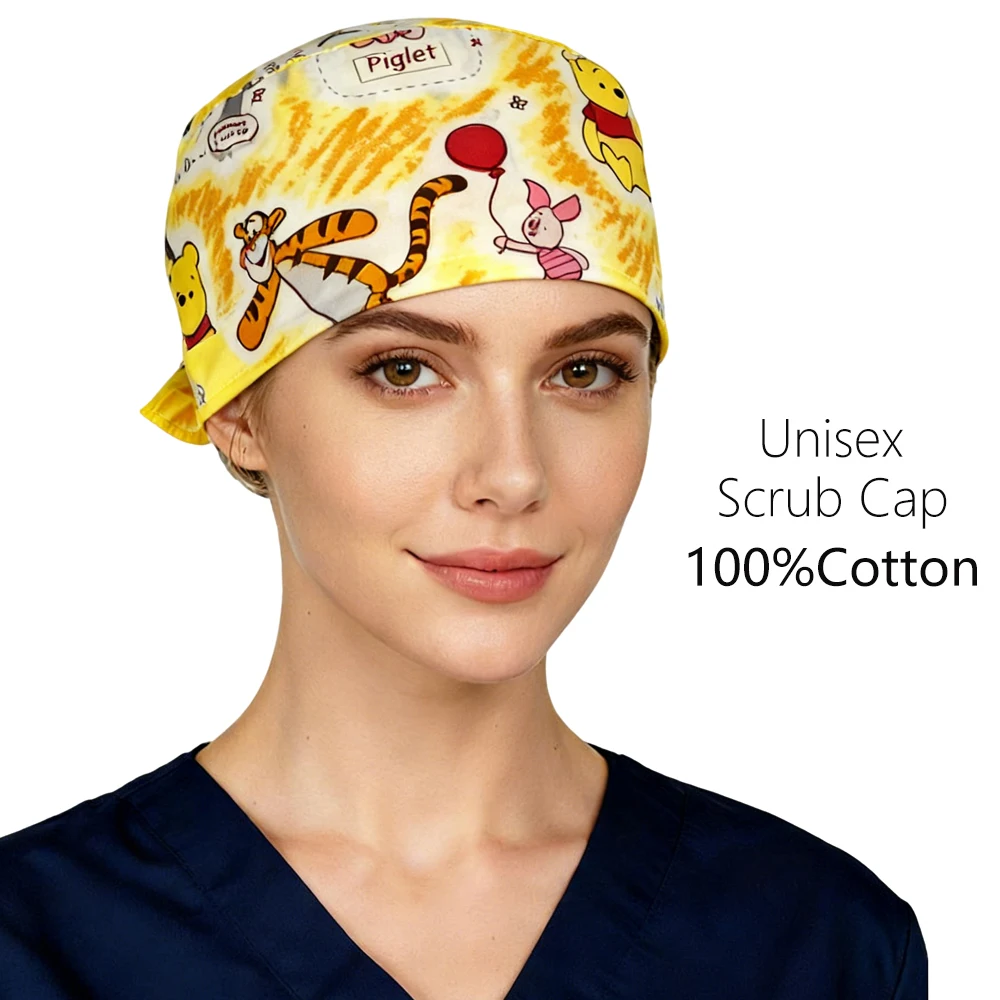 للجنسين الكرتون طباعة عملية القطن الخالص قبعة ممرضة قبعة طبيب الأسنان قبعة قابل للتعديل فرك قبعات النساء والرجال قبعة طبية