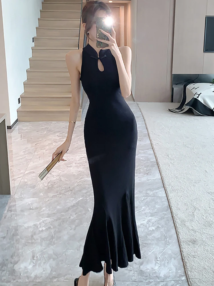 2024 neue schwarze Stehkragen Luxus gekräuselte Meerjungfrau Kleid Sommer ärmellose sexy Party lange Kleider Frauen koreanische Vintage Vestidos