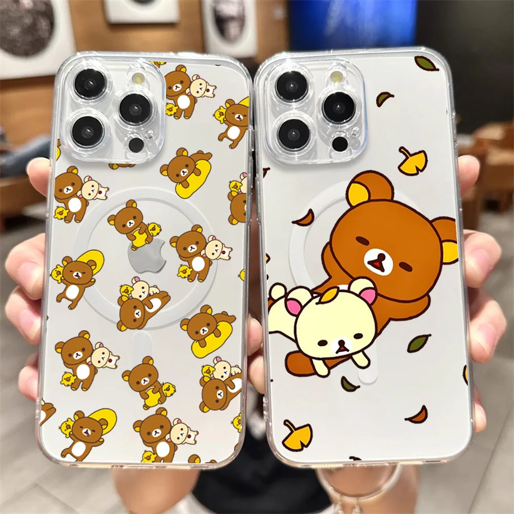 Cute R-Rilakkumas Bear Phone Case for iPhone 12 11 13 14 15 16 Max Pro Plus Transparent Magsafe Magnetic Wireless Cover