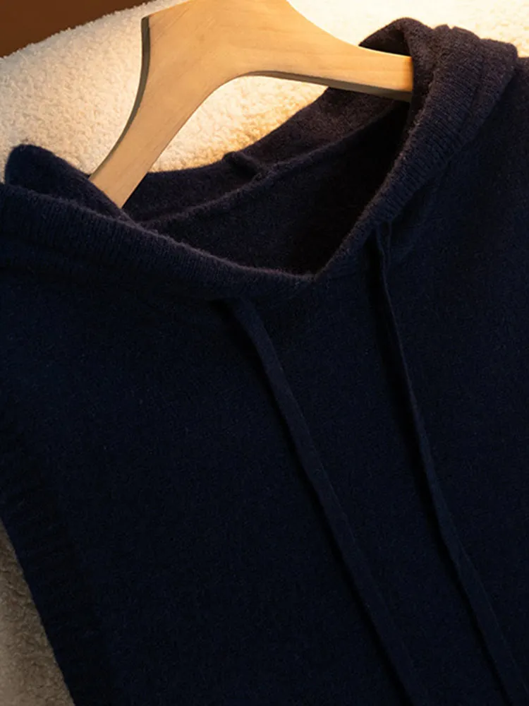 Comfortabele pure kleur Dstring hooded Svel Midi gebreide wollen trui voor dames Faionable gelaagdheid vestrok