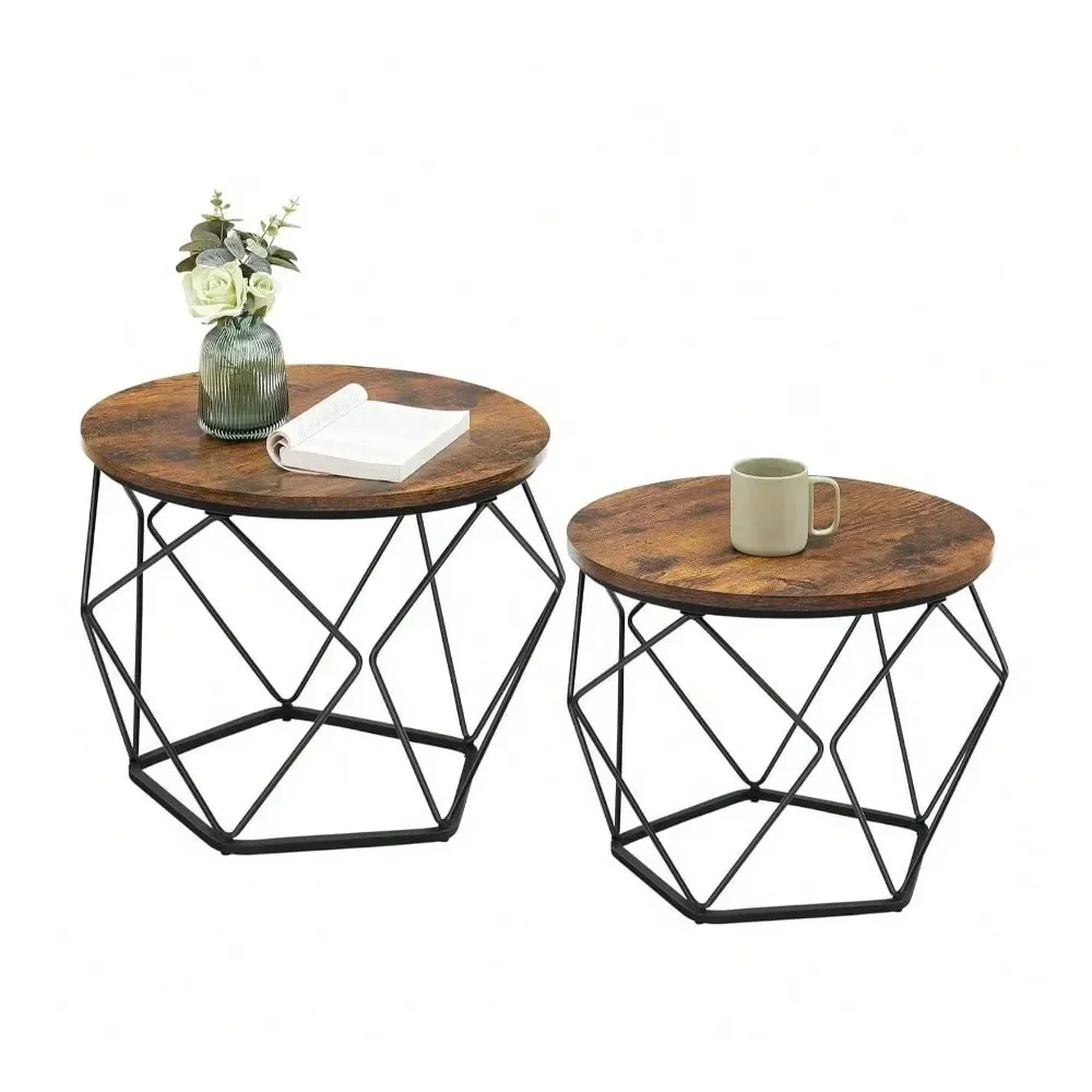 

Small Coffee Table Set Of 2, Round Coffee Table With Steel Frame, Side End Table For Living Room, Bedroom, Office