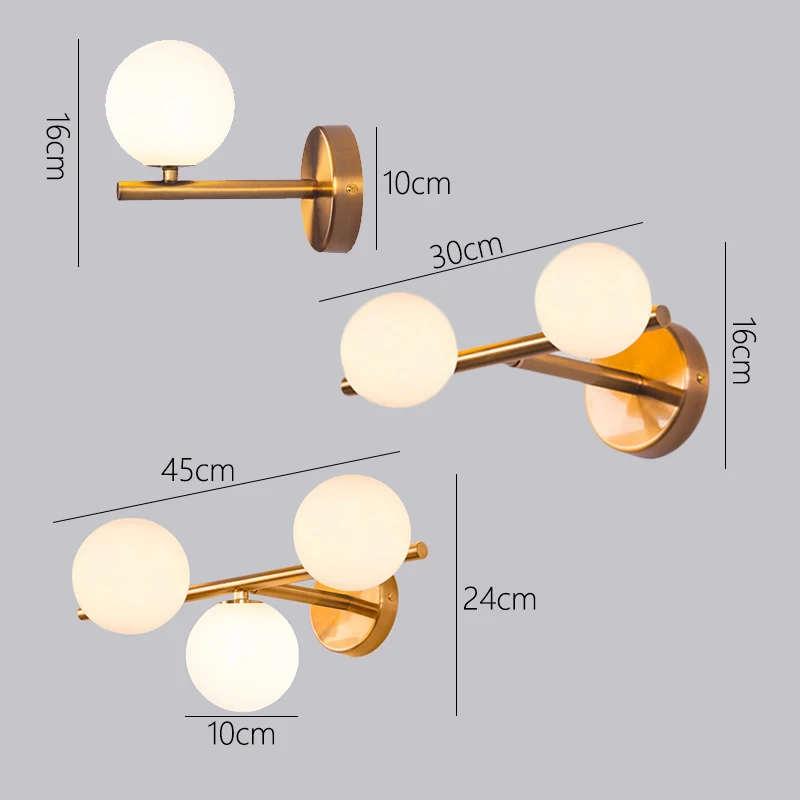 흰색 유리 공 벽 램프, 황동 장식 조명기구, 거실 침실 복도 통로 램프, 욕실 LED 거울 조명