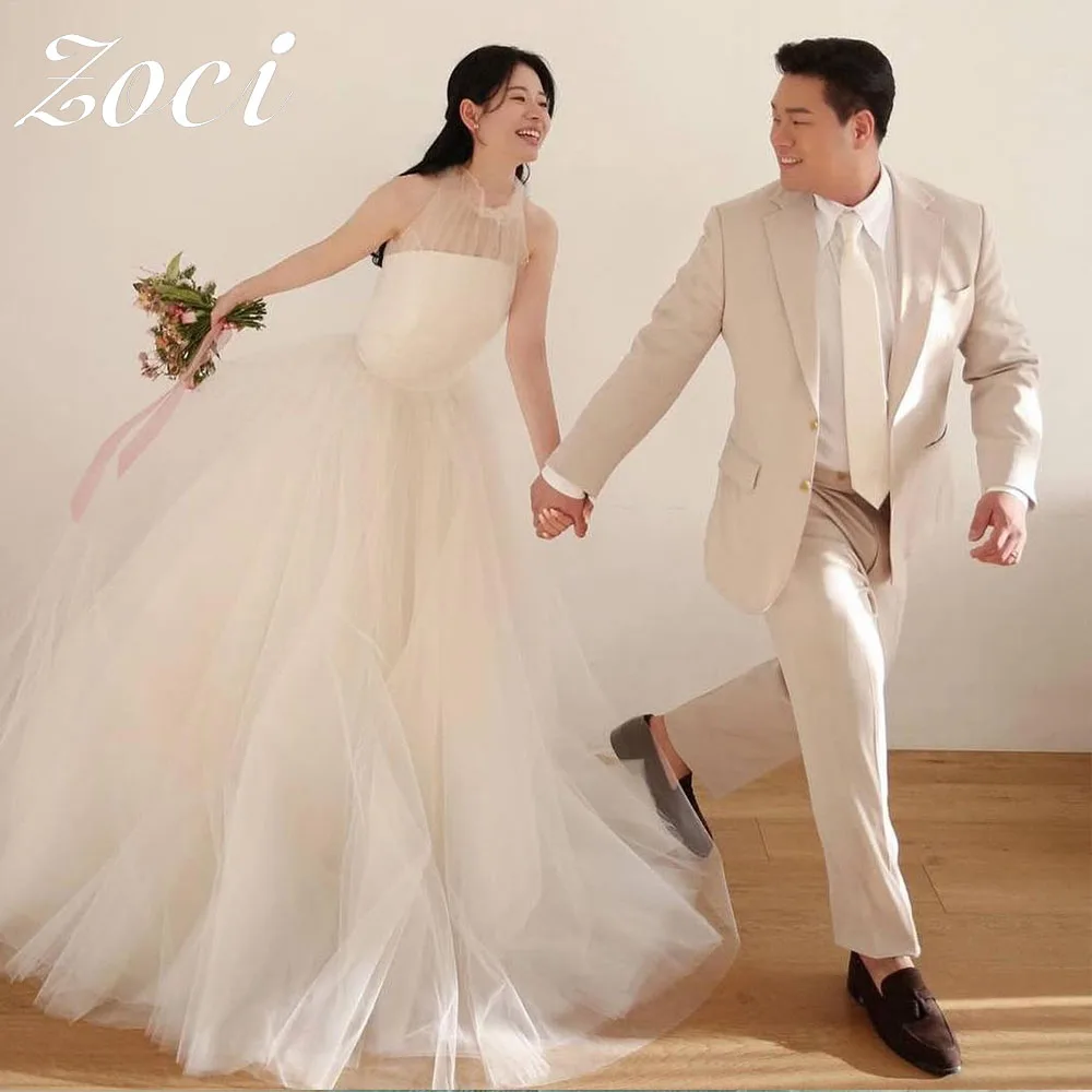 

Zoci O-Neck Sleeveless Korea A Line Wedding Dresses Ball Gown Customized Photos Shoot Sweep Train Bridal Gown