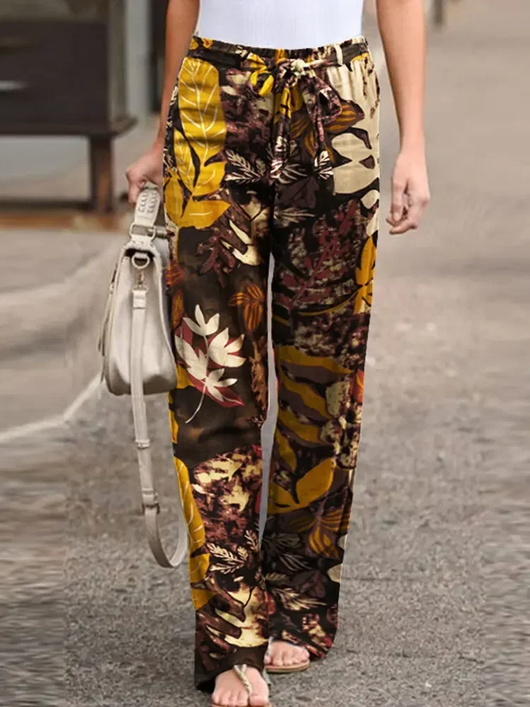 Fashion Linen Women Pants Autumn Casual Drawstring Wide Leg Pant Loose Vintage Print Trousers Oversized Work Long Pantalones 5XL