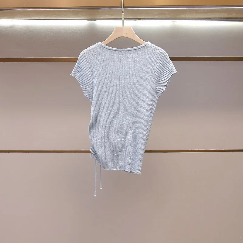 High-end Women's Clothing  New Versatile Style Round Neck Short-sleeved Threaded Pull-out Slim Diamond-encrusted Knitted Sweater