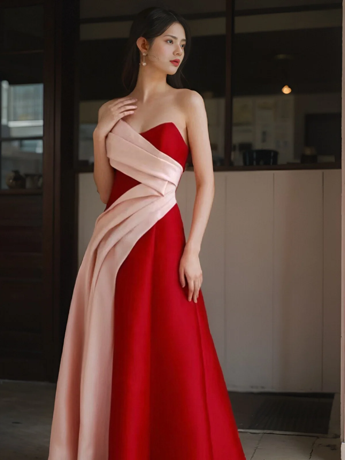 

Red Wine Color Blo Heavy Work Bridesmaid Dr Long Evening Gown One oulder Sle for Wedding Performance Host Adult Dr