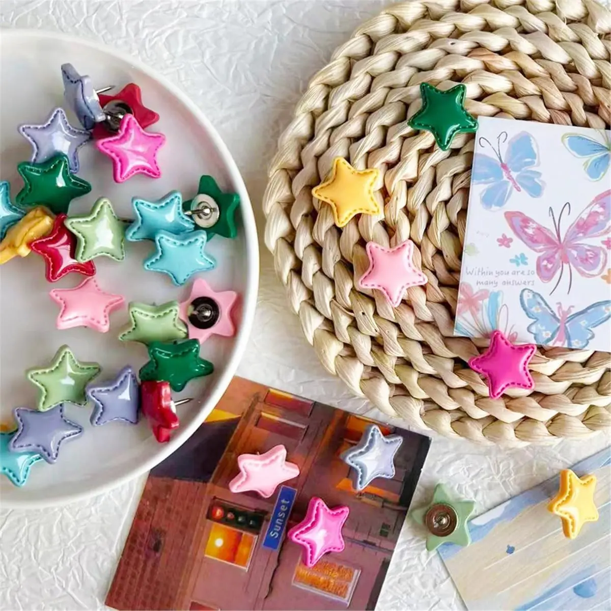 50 Pcs Star Push Pins for Bulletin Board, Mixed Color Cute Decorative Thumb Tacks with Storage Box