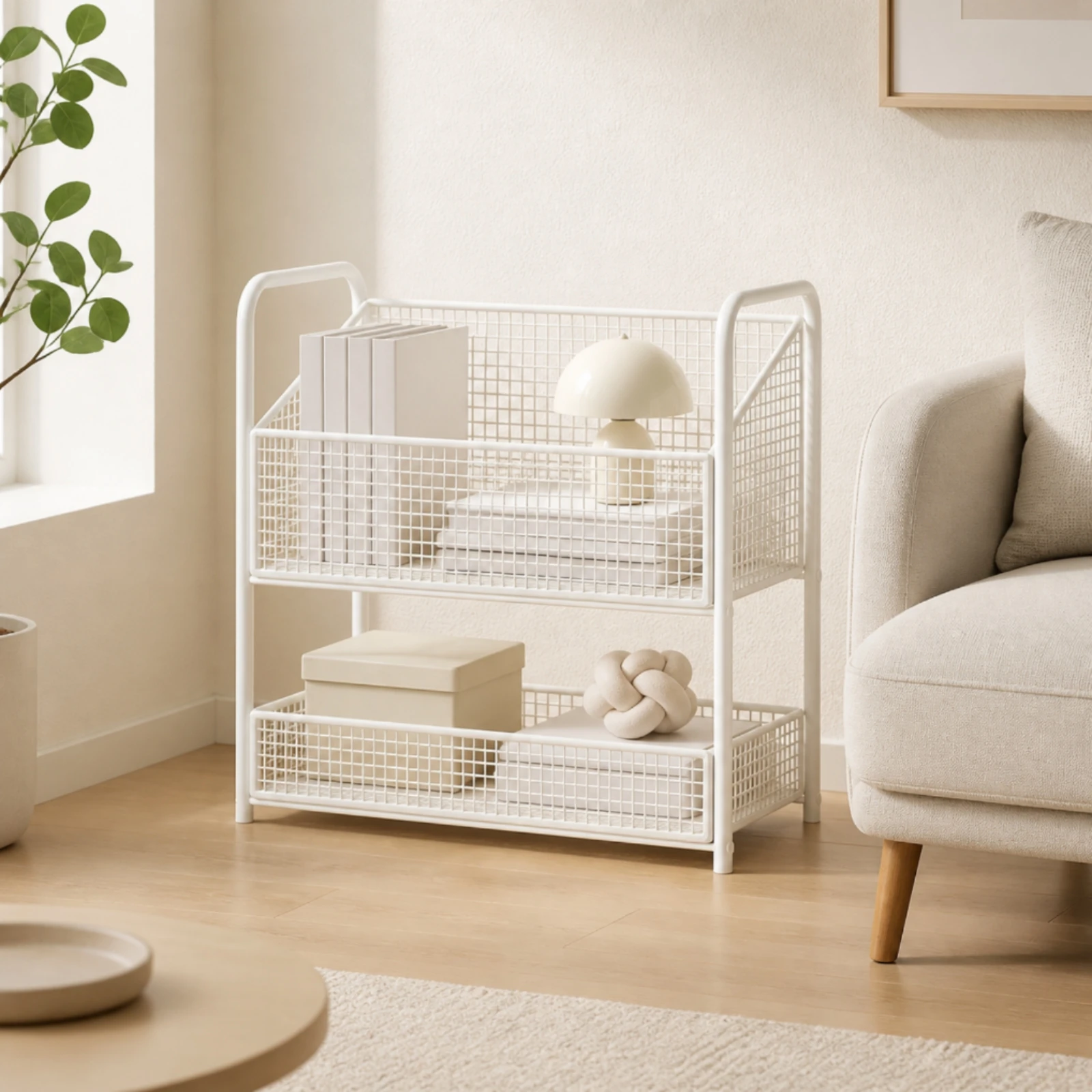 Wire Mesh Storage Rack Space-Saving Two-Tier Floor-Standing Storage Rack Floor Shelf with Front Retaining Rails Freestanding