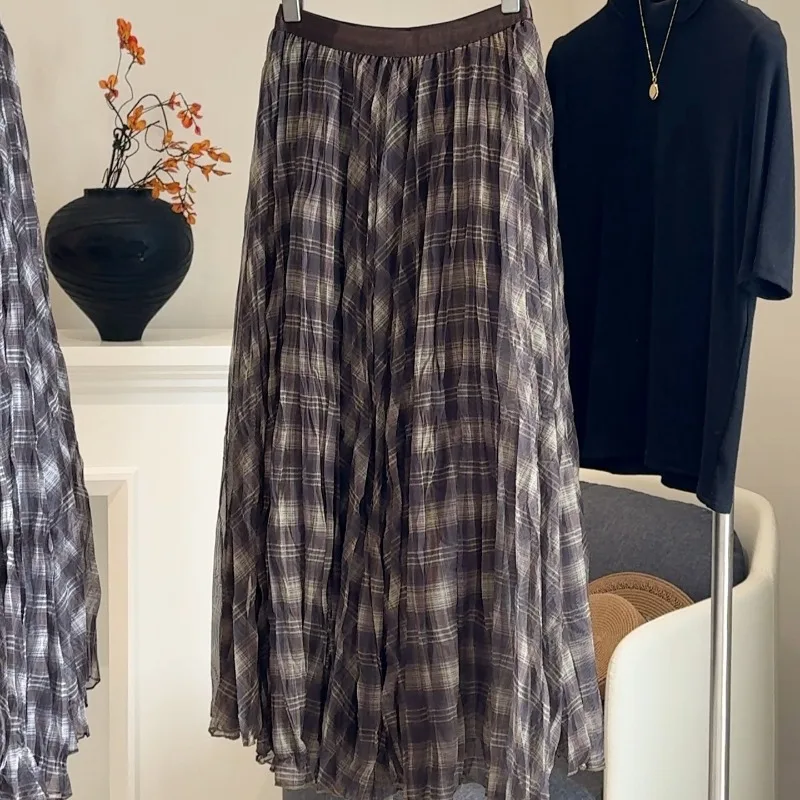 Plaid Skirts Woman Vintage Autumn Winter Irregular Korean Fashion Jupe Femme Elegant High Waist Sweet Long Skirt