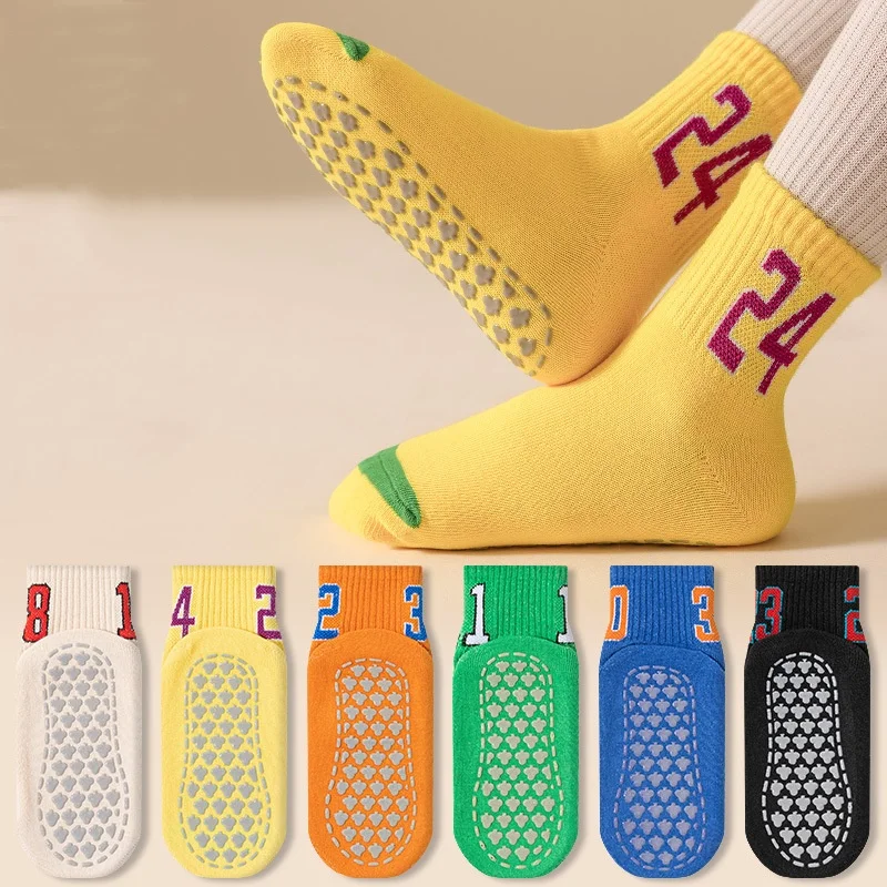 6 double children's non-slip floor socks Trampoline socks Four seasons universal solid color digital trend student indoor socks