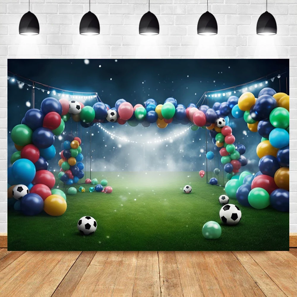 

Football Field Background Boys Birthday Soccer Theme Colorful Balloons Arch Decoration Baby Portrait Photography Backdrop Banner