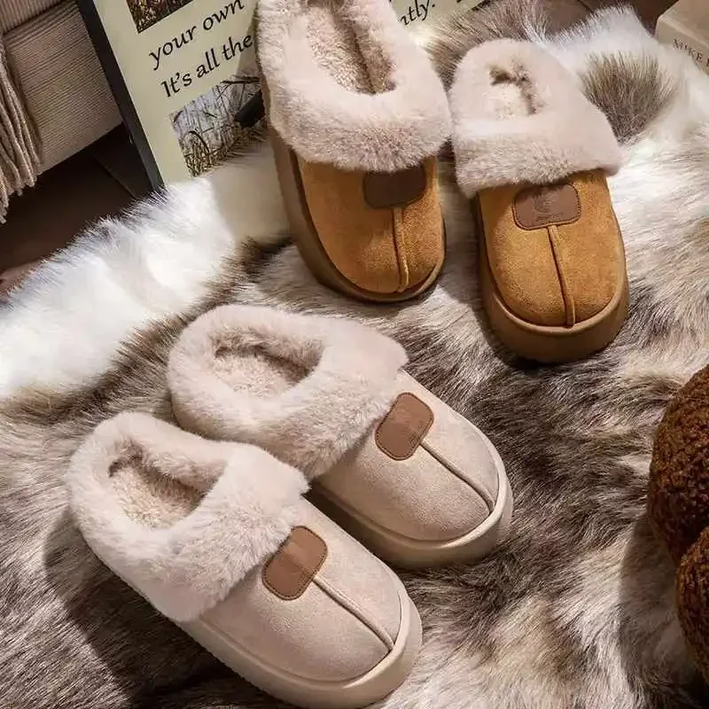 Female Cute Bear Cotton Slippers Winter Couple Thick Bottom Indoor Home Shoes Men Non-slip Solid Colour Soft Sole Flats