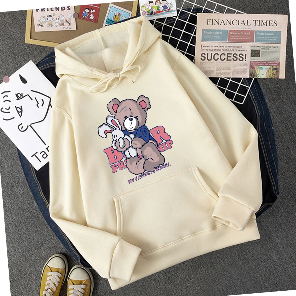 Cute Bear Embracing Rabbit Hoodie Woman Hip Hop Asian Size S-3XL Hoody Cartoons High Quality Sweatshirt Fashion Casual Hooded