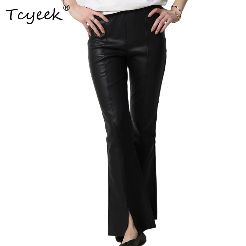 Tcyeek Real Sheepskin Pants for Women Fashion Cozy Black Pants Ladies Casual Pants Elastic Waist Trousers Slim-fit Штаны