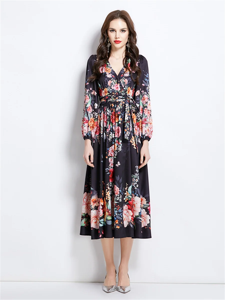 

Summer Autumn New Oil Painting Floral Pattern Wrap Style Mid-Length Dresses Women's V-Neck Long Sleeve Long Dress