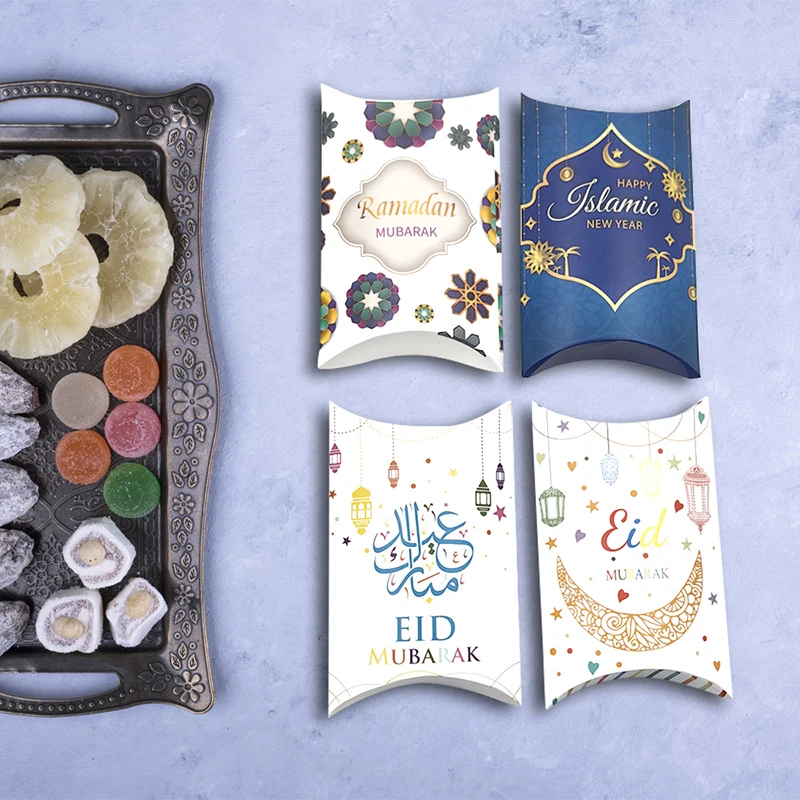 8pcs Mixed Eid Mubarak Gift Kraft Bag Box Pillow Candy Cookie Chocolate Paper Box Ramadan Kareem Decor Party Supplies Kids Gift