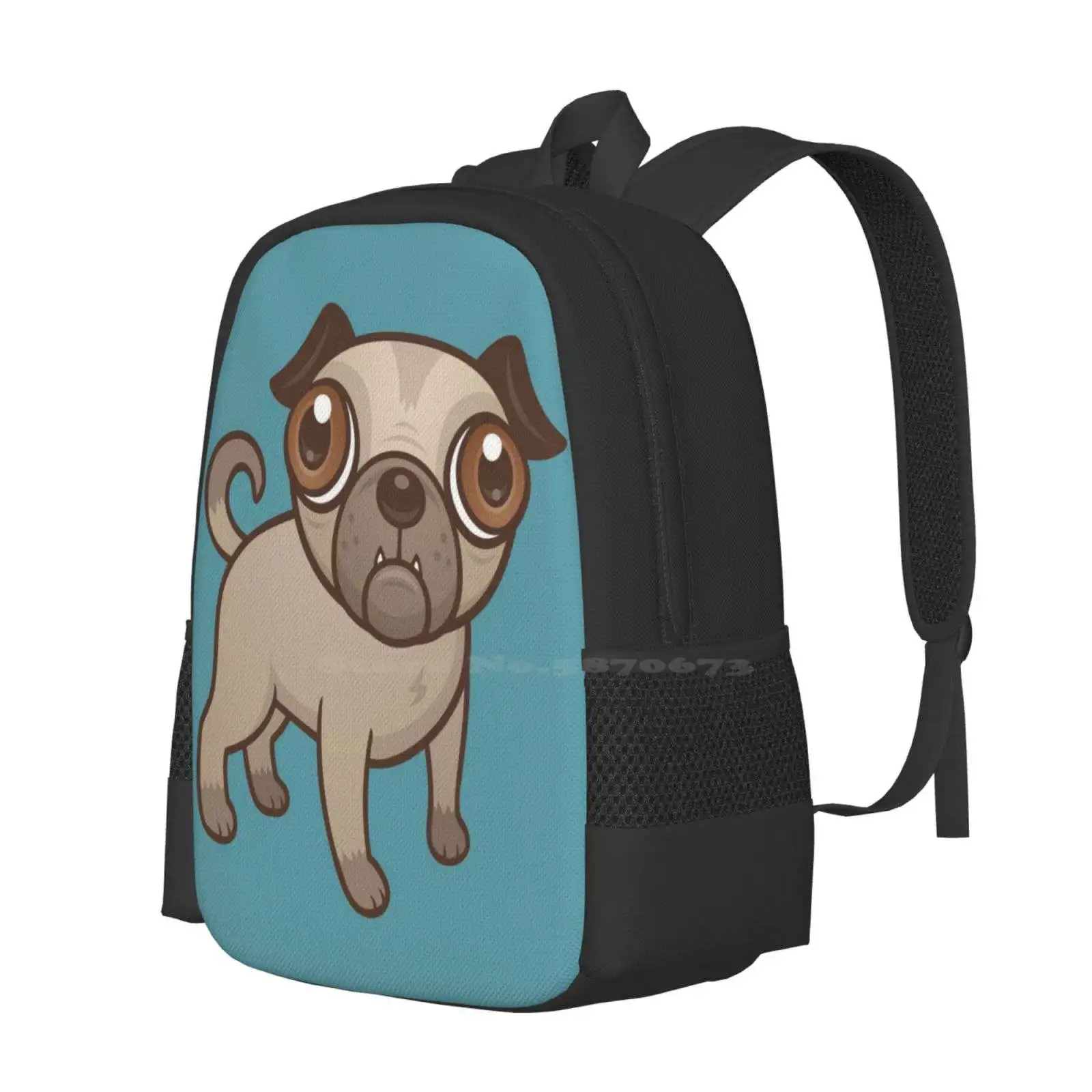 Pug Puppy Cartoon 3D Print Design Backpack Student Bag Brown Bulldog Canine Cartoon Cute Pet Puggle Puppy Tan Vector