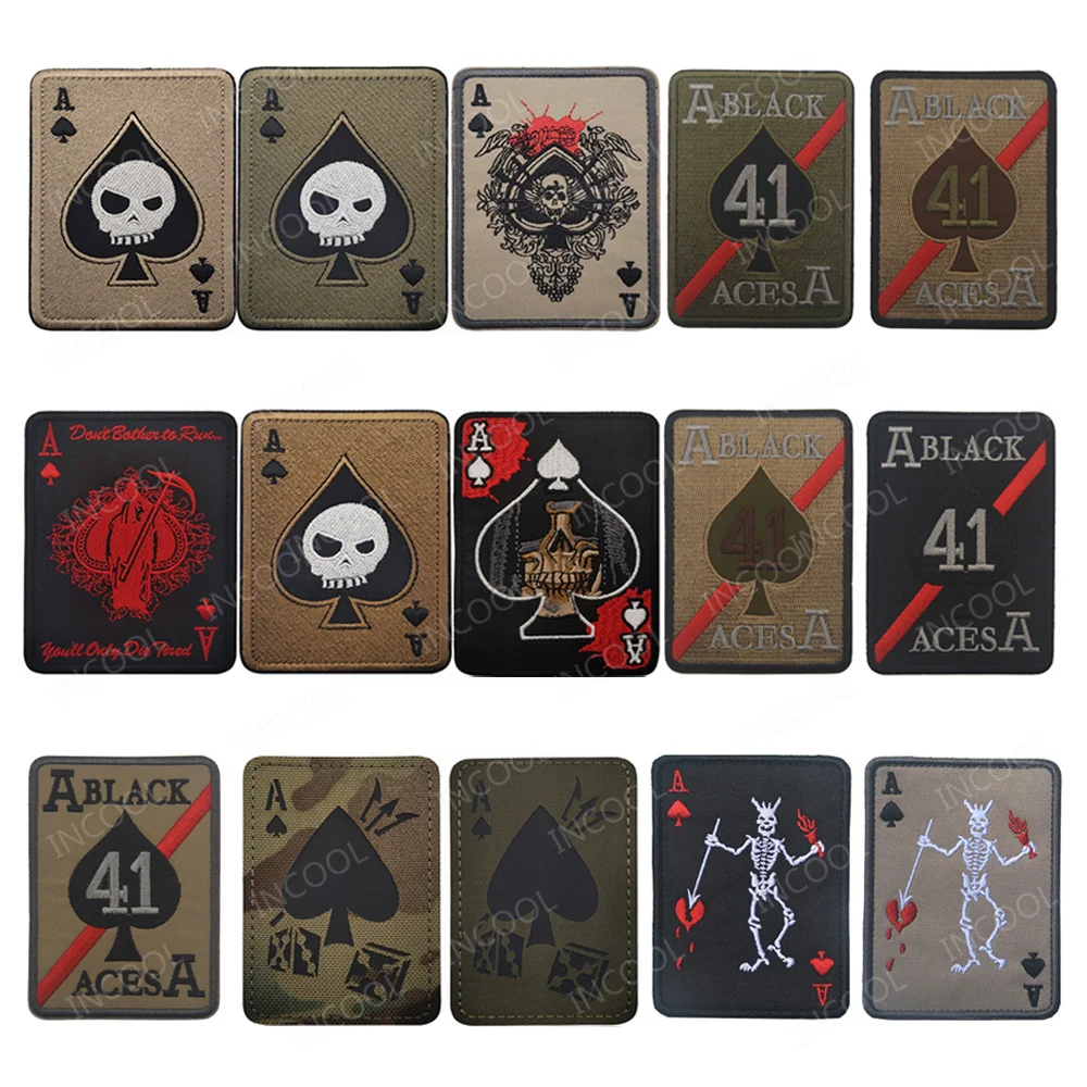 Poker Embroidery Patches Cat Eyes Infrared IR Reflective Skull Patch For Clothing Bag Death Card Appliqued