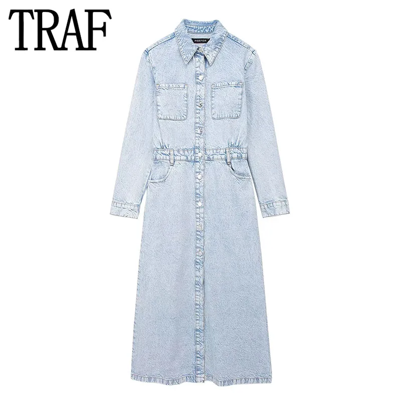 TRAF Blue Denim Dress Woman Midi Jean Shirt Dress Y2k Vintage Long Dresses 2024 Fashion Faded Long Sleeve New In Casual Dresses