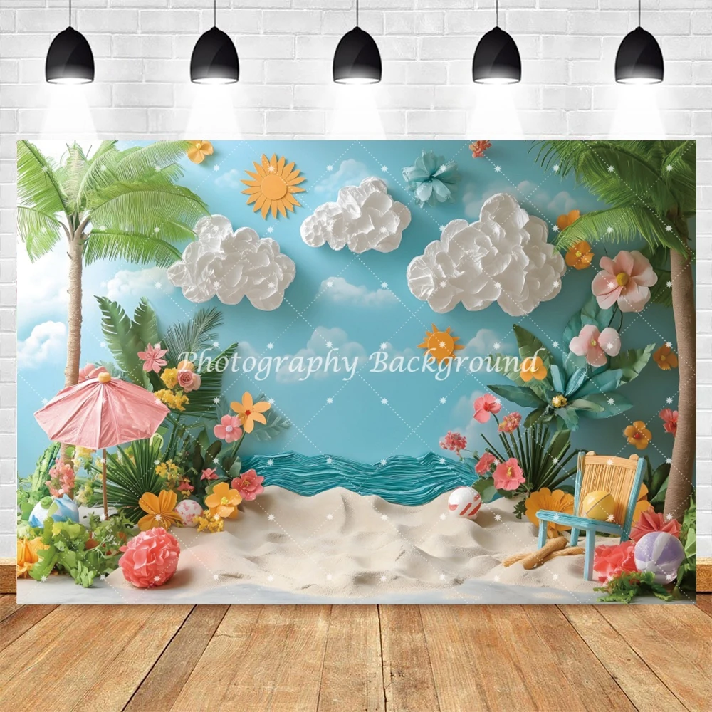 Summer Beach Party Photography Backdrop Parasol Recliner Sun Bath Travel Holiday Photo Photographic Background Photostudio Props