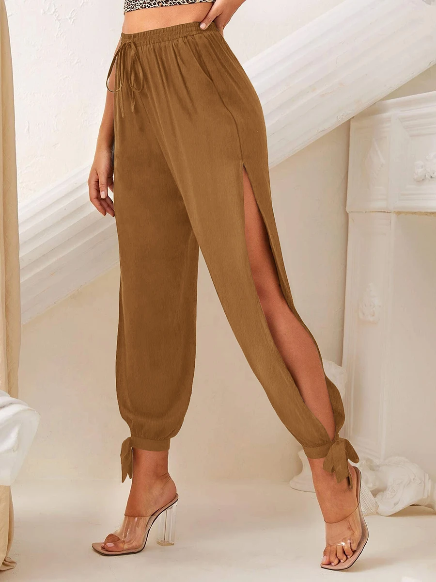 Latest Sexy Solid Color Side Slit Women Summer Boho Beach Pants Hight Waist Drawstring Loose Tied Cuff Trousers Pantalon Femme