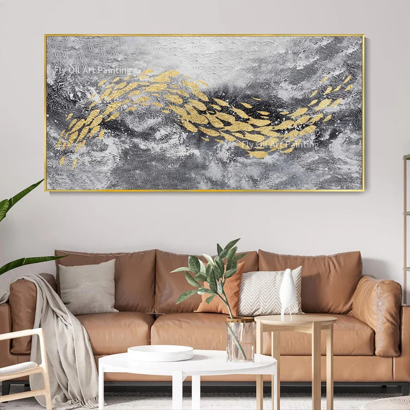 Handpainted Modern Canvas Art Gold Leaf School of Fish Abstract Ocean Oil Paintings On Canvas For Home