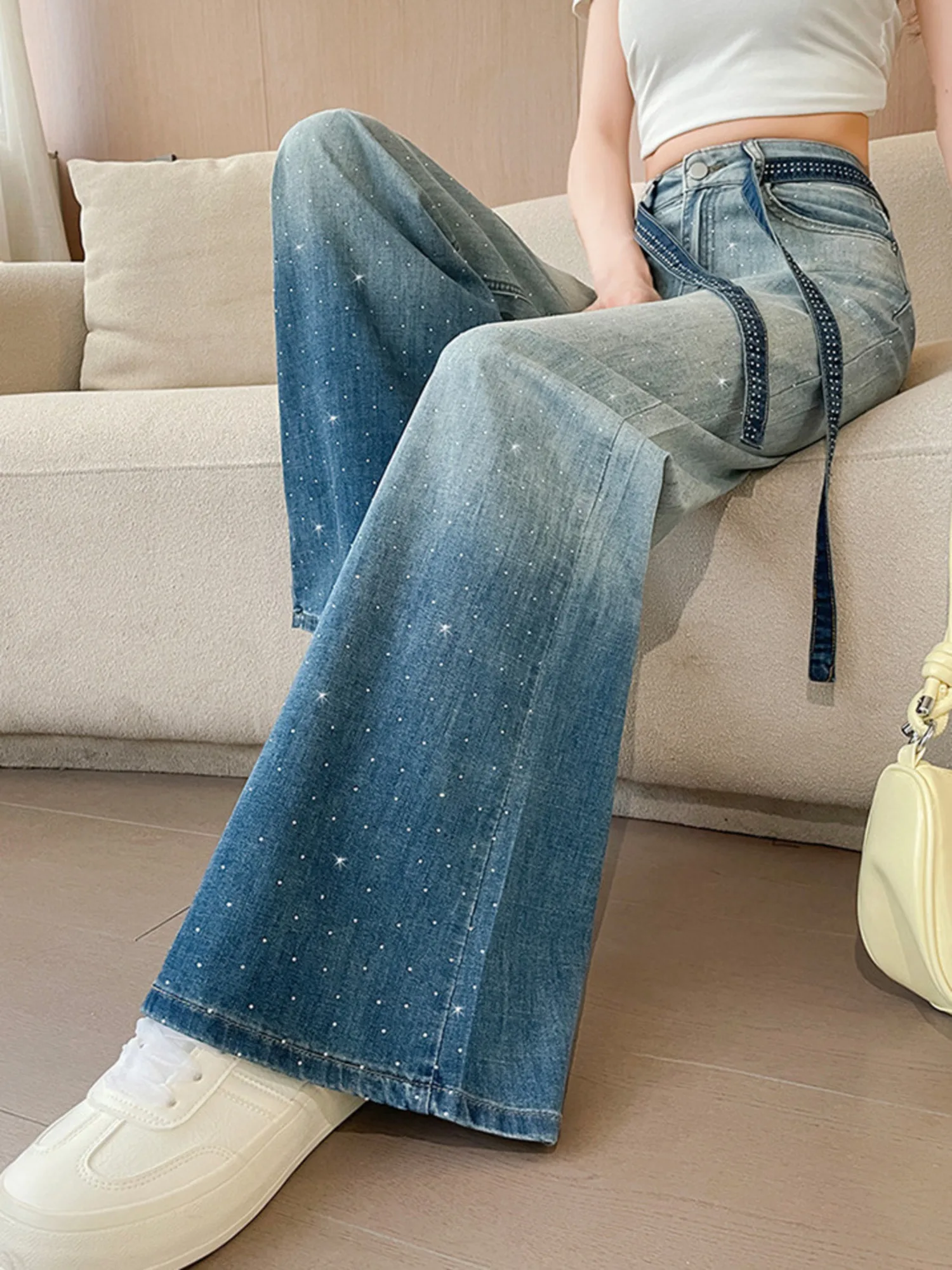 Gradient Rhinestone Wide Leg Jeans Women High Waist Sparkle Belt Denim Pants Blue Soft Stretch Three Lengths Cool Summer