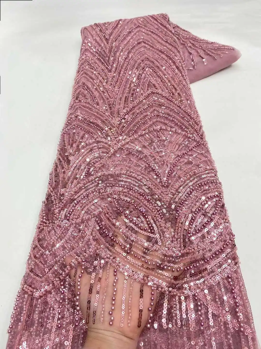 Wunderschöner nigerianischer Pailletten-Party-Spitzenstoff mit afrikanischen Perlen, 2026, hochwertiger 5 Yards afrikanischer französischer Tüll-Netz-Spitzenstoff