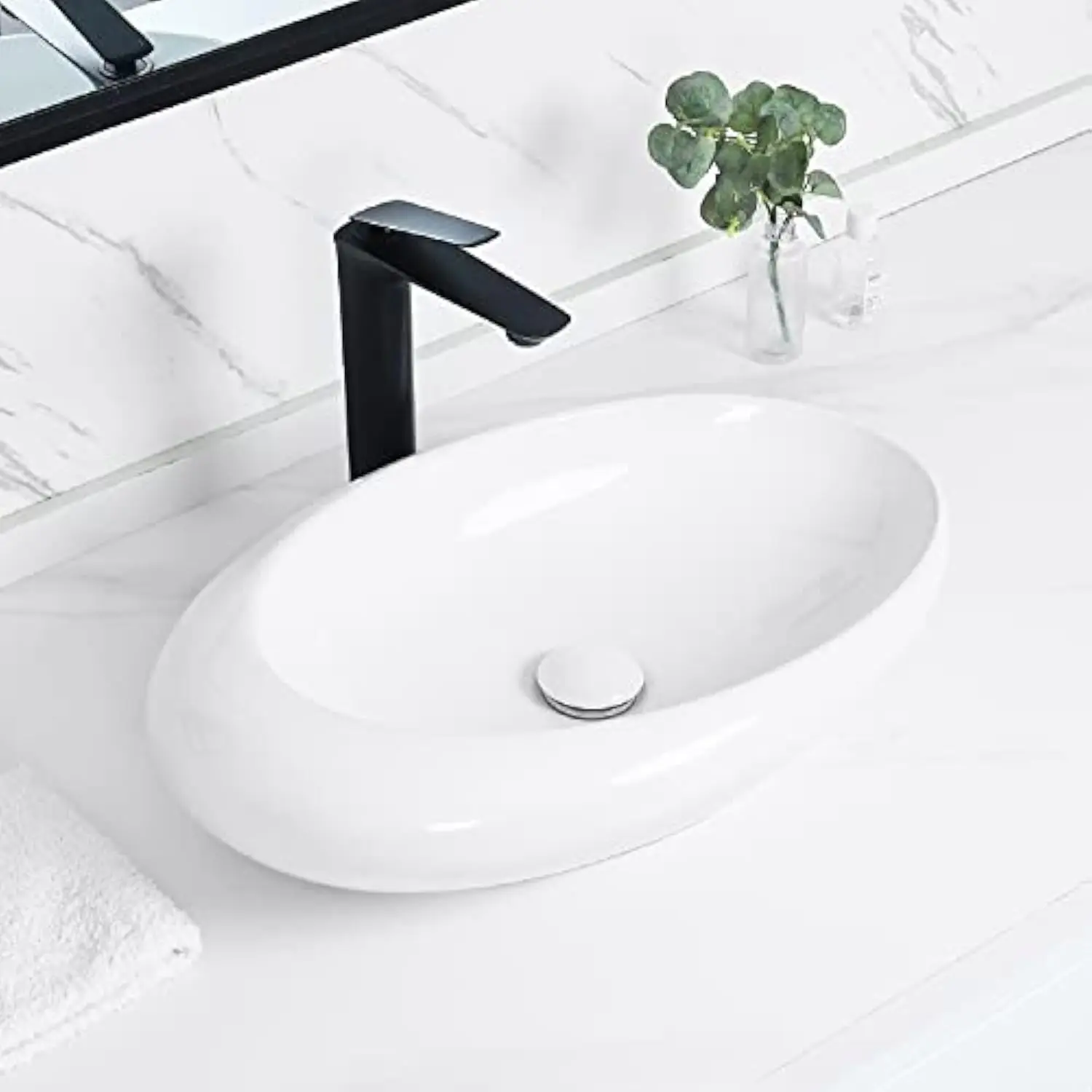 

Vessel Sink Oval, 22'' x 14'' Oval Bathroom Vessel Sink, Modern White Porcelain Ceramic Bathroom Sink Above Counter