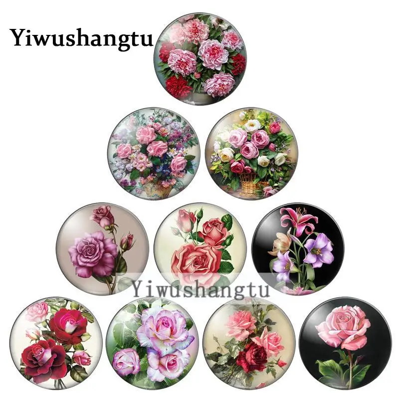 New love Beauty rose Vintage flowers  8mm/10mm/12mm/18mm/20mm Round photo glass cabochon demo flat back Making findings ZB0543