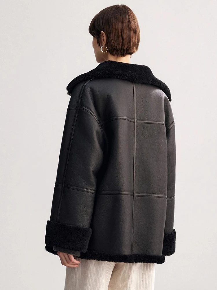 High-end Luxury Merino Sheep Fur Winter Motorcycle Jacket for Women 2025 Simple Classic Black Genuine Leather Real Lamb Fur Coat