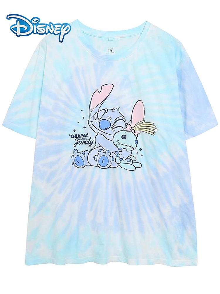 

Disney Stitch Little Monster Letter Cartoon Print Tie-dye Blue T-Shirt Harajuku Women Short Sleeve O-Neck Pullover Tee Tops New