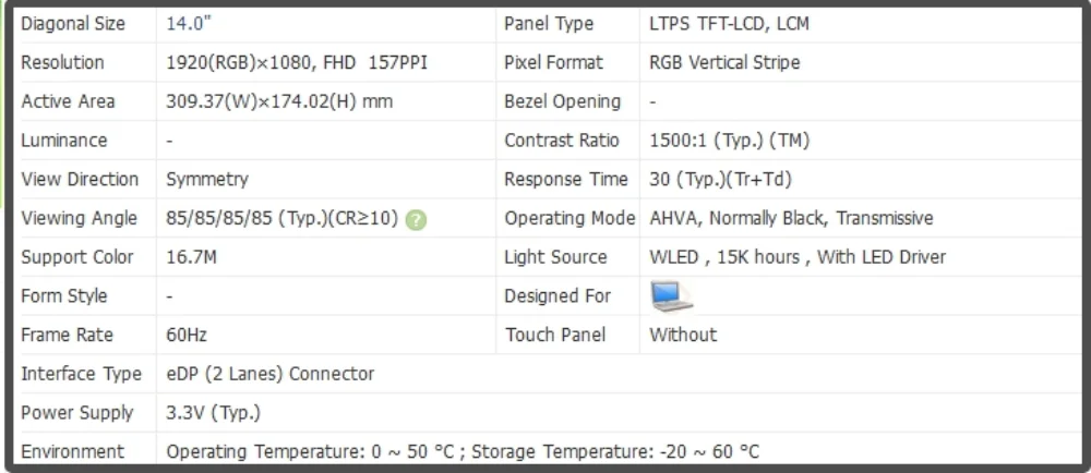 B140HAN06.D 14.0 inch LCD Screen IPS Display Laptop Panel FHD 1920x1080 60Hz Non-touch